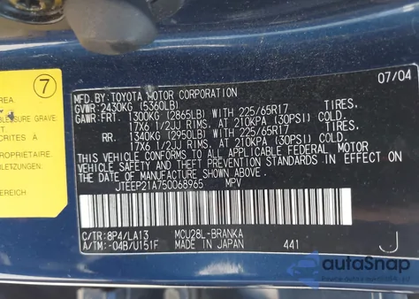 2005 Toyota Highlander Limited V6 from USA, damaged, VIN JTEEP21A750068965